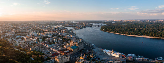 Beautiful sunset over kyiv city from above.