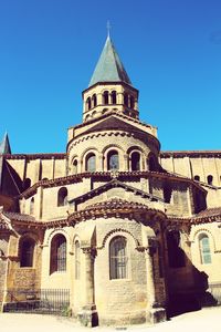 Low angle view of cathedral against clear blue sky