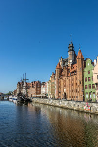 River amidst buildings against clear blue sky