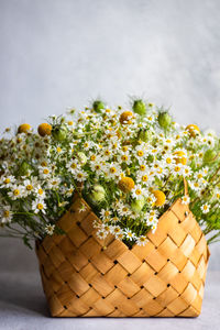 Close-up of yellow flowers in basket