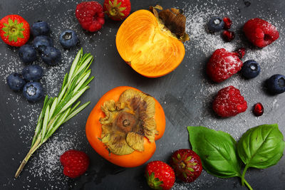 High angle view of fruits on table