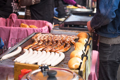 Close-up of barbecuing sausages