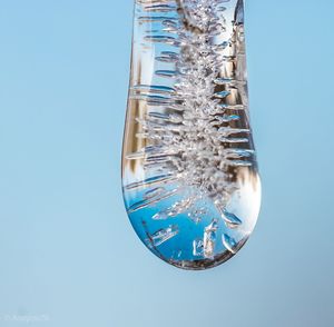 Close-up of frozen glass against blue background