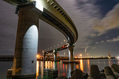 Bridge over river in city at night