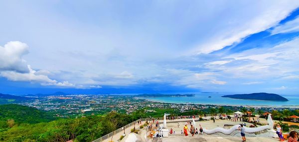 High angle view of people on beach against sky