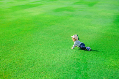 High angle view of boy crawling on grass at park