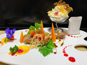 High angle view of fruits served on table