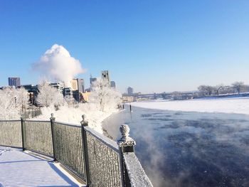 Panoramic view of frozen lake against clear sky