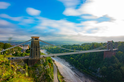 Bridge in city against cloudy sky