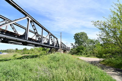 Train on bridge against sky
