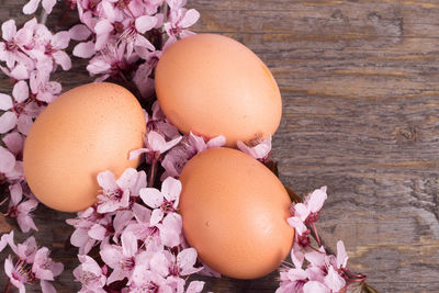 Close-up of easter eggs and flowers on wood