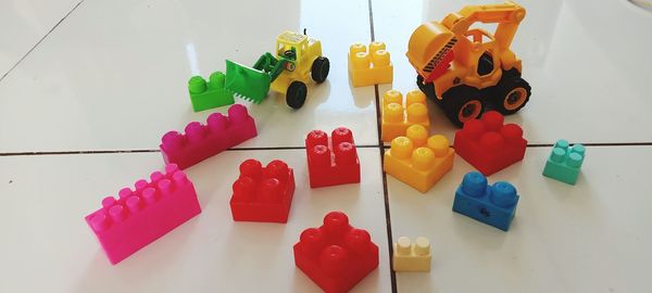 High angle view of toys on table