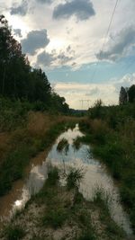 Scenic view of river against cloudy sky