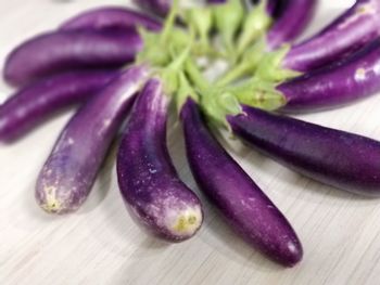 Close-up of purple chili peppers on table