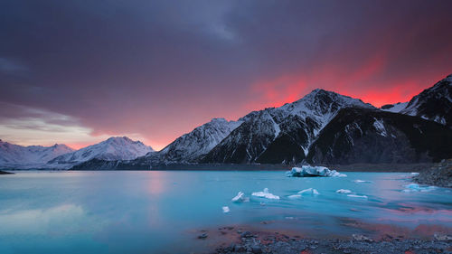 Scenic view of snowcapped mountains against sky during sunset