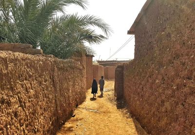 Rear view of sibling walking in alley amidst houses