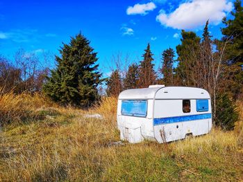 Old caravan surrounded by greenery