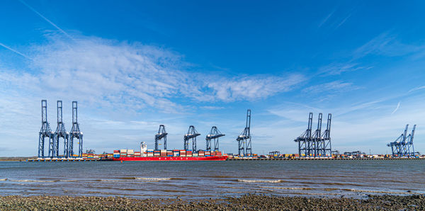 Felixstowe container port panoramic shots showing gantry cranes and container ship