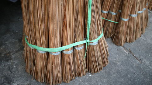 High angle view of ropes tied on wood