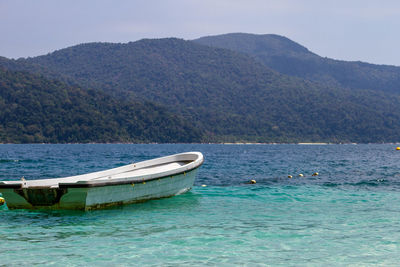 Boat in lake against sky