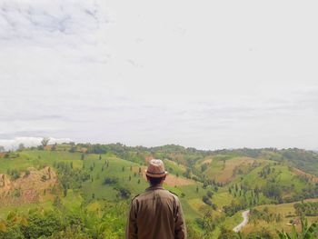 Rear view of man looking at landscape against sky