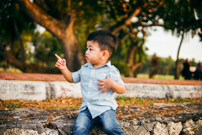 Boy looking away while sitting on tree