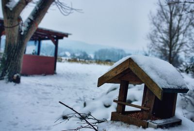 Snow covered field by trees during winter