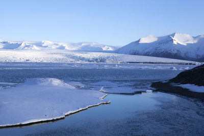 Scenic view of snowcapped mountains against clear sky