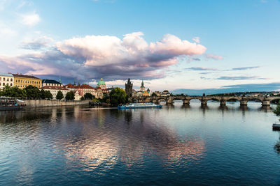 Bridge over river by buildings against sky