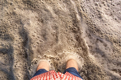 Low section of person standing on sand at beach
