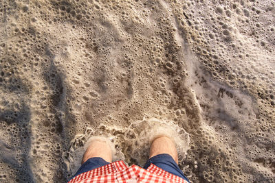 Low section of person standing on sand at beach