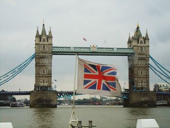 View of bridge over river against sky in city