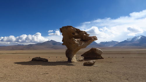 Rock formation on field by mountains against sky