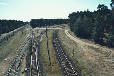 Railroad tracks amidst trees against sky