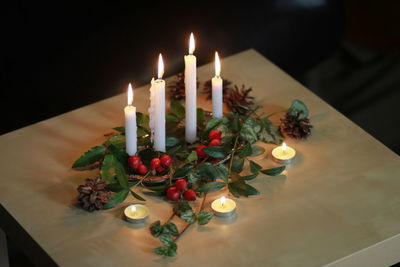 High angle view of candles on table