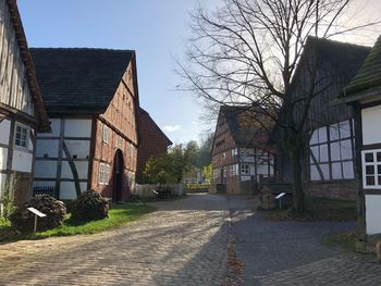 Houses by trees against clear sky