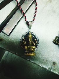 High angle view of decorations hanging on table