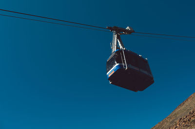 Low angle view of overhead cable car against clear blue sky