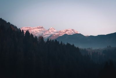 Scenic view of snowcapped mountains against clear sky