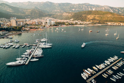 High angle view of marina at harbor