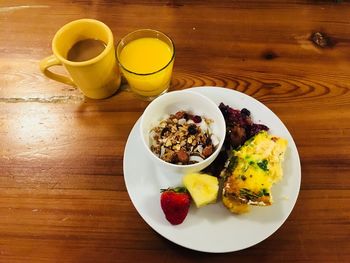 High angle view of breakfast served on table
