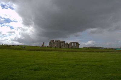 View of grassy field against cloudy sky