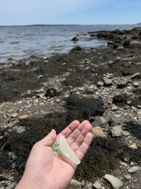 Close-up of hand holding rock on beach