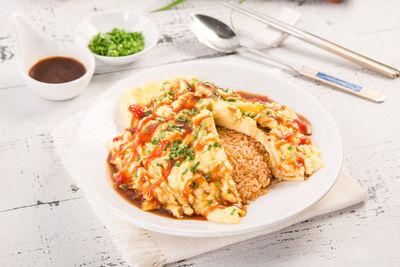 High angle view of food in plate on table