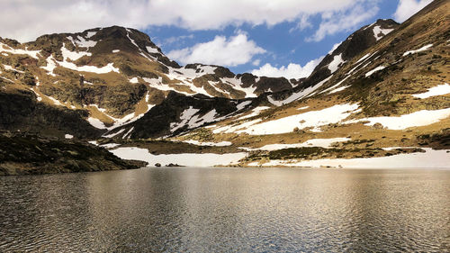 Scenic view of lake by snowcapped mountains against sky