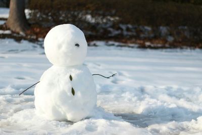 Close-up of snowman on field