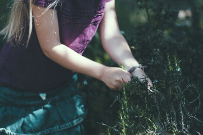 Midsection of girl picking herbs
