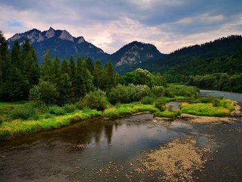 Scenic view of river by mountains against sky