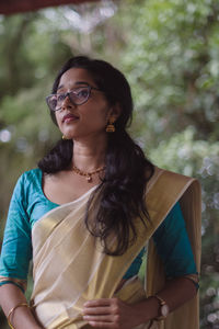 Portrait of a young woman taken during the onam festival.