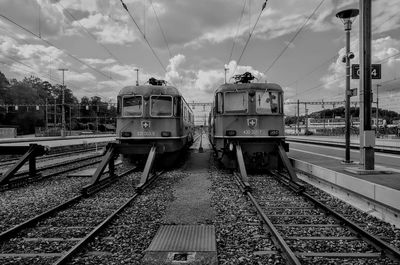 Train on railroad station platform against sky